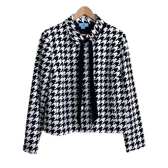 CECE Jacket Women's XL Black White Houndstooth Blazer Pussybow Neck Office - Picture 1 of 8